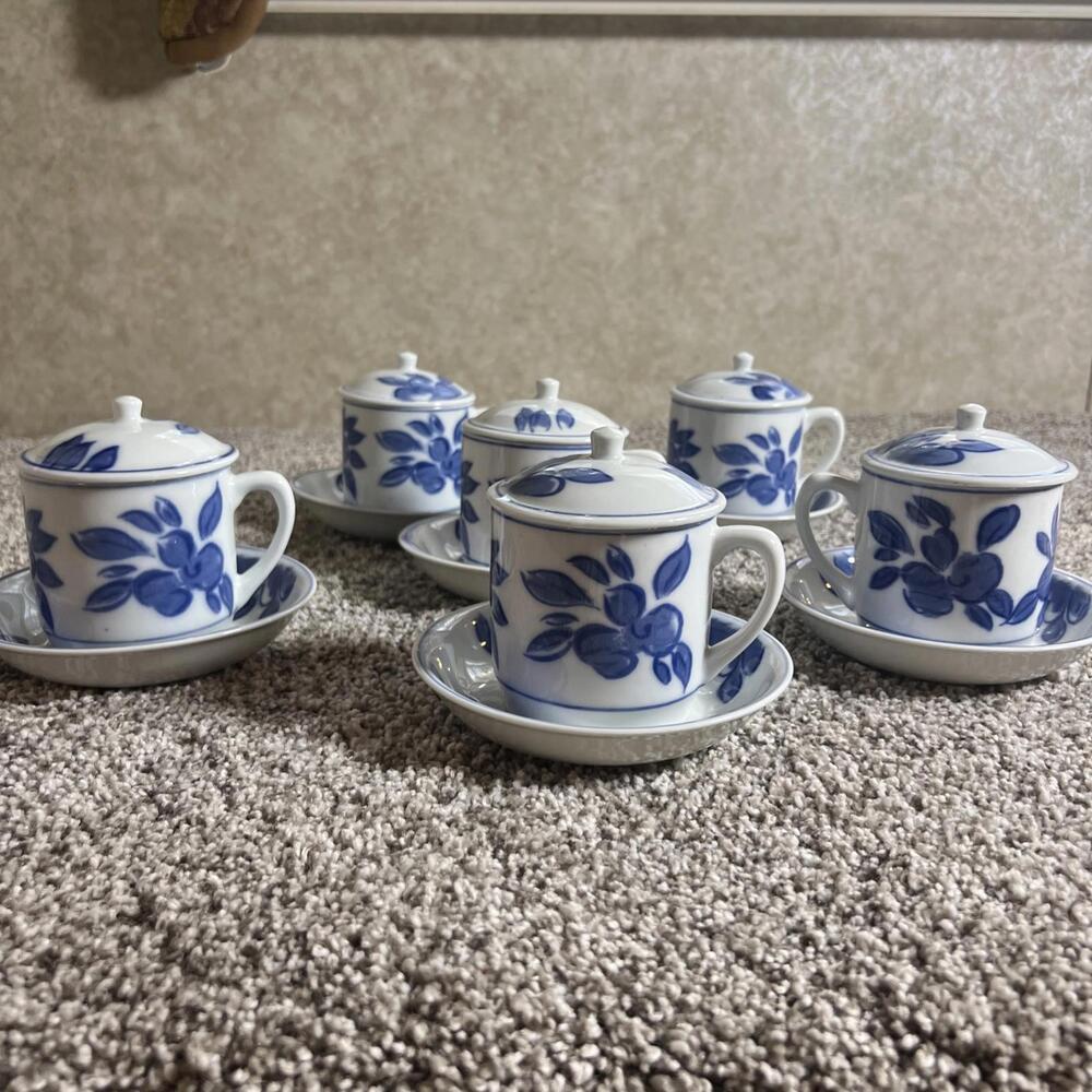 Williams Sonoma Blue White Porcelain Tea Cup w/ Lid & Saucer Floral EUC No Chips